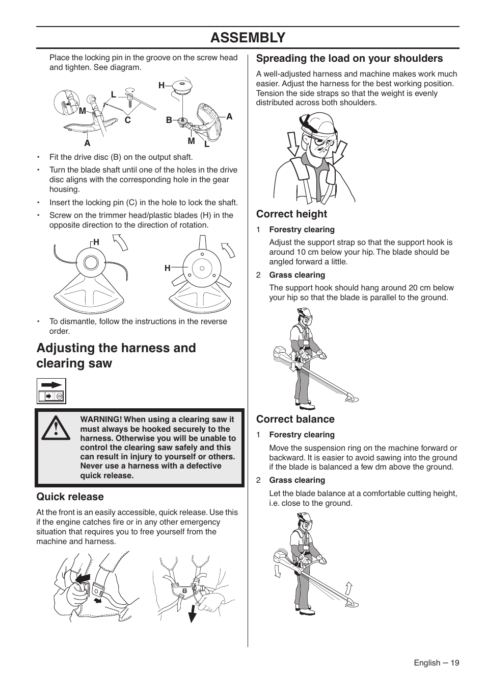 Adjusting the harness and clearing saw, Quick release, Spreading the load on your shoulders | Correct height, Correct balance, Assembly | Husqvarna 235FR  EN User Manual | Page 19 / 52