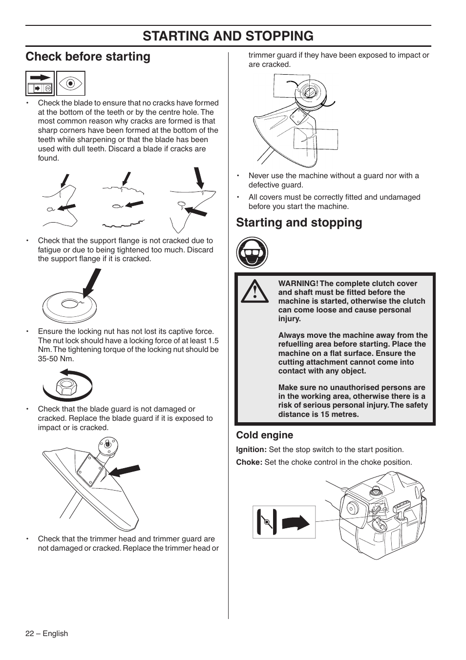 Check before starting, Starting and stopping, Cold engine | Husqvarna 235FR  EN User Manual | Page 22 / 52