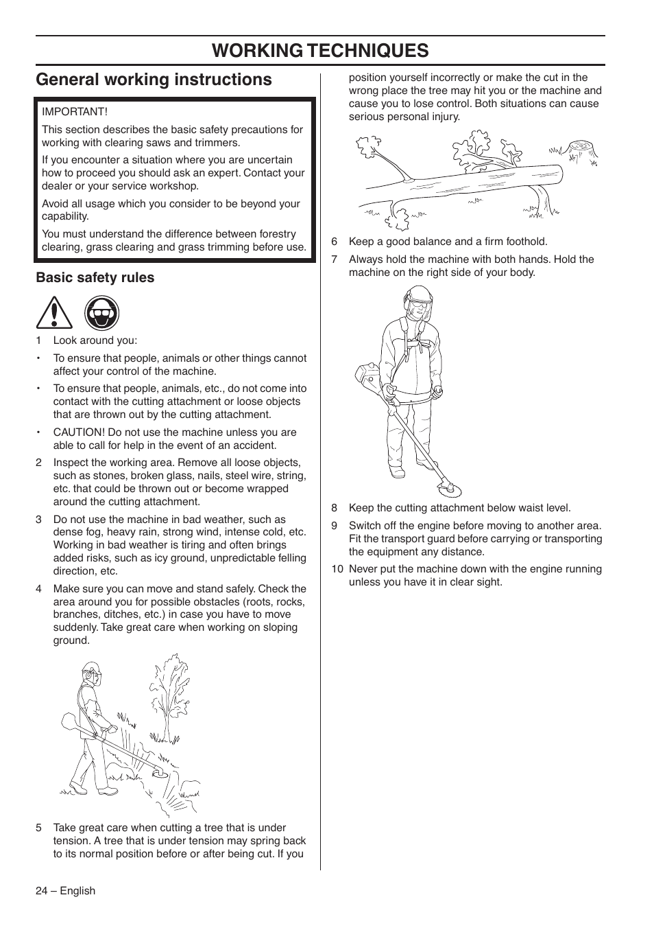 General working instructions, Basic safety rules, Working techniques | Husqvarna 235FR  EN User Manual | Page 24 / 52