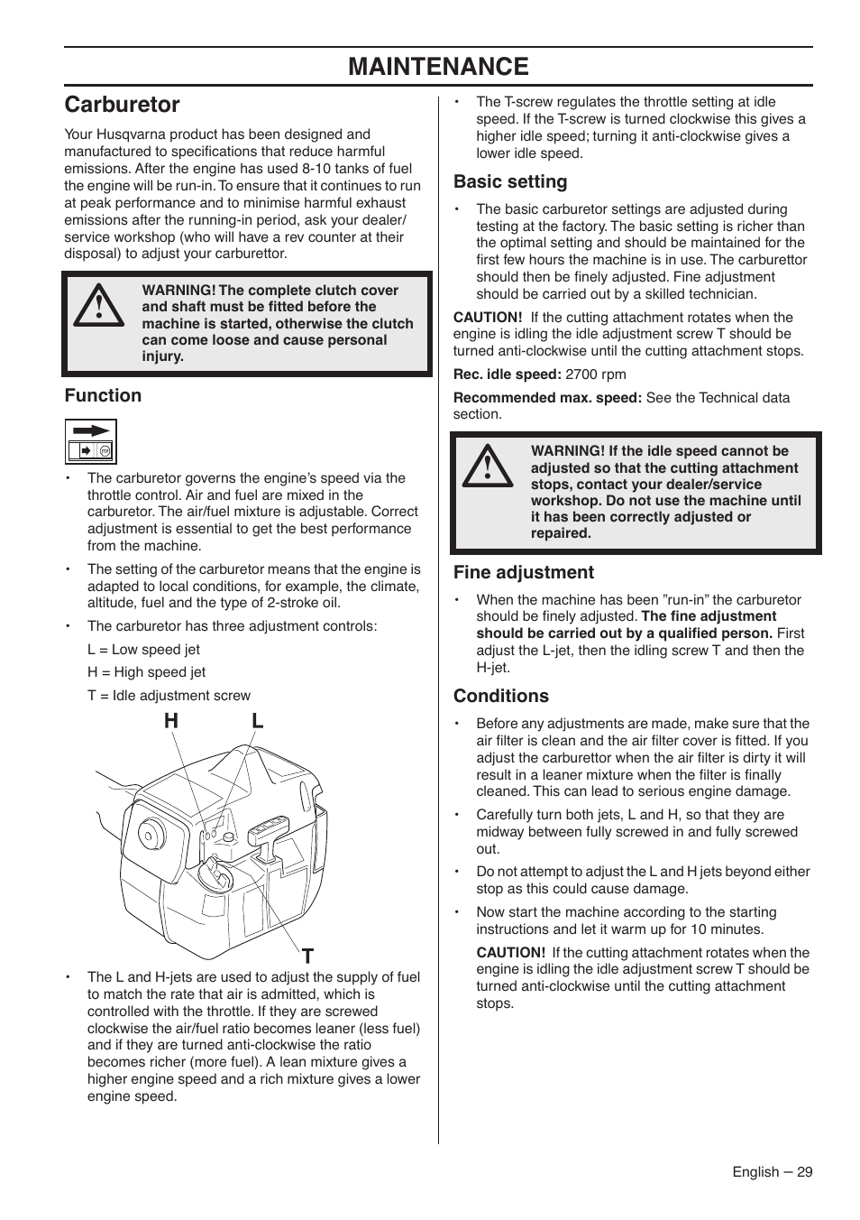 Carburetor, Function, Basic setting | Fine adjustment, Conditions, Maintenance | Husqvarna 235FR  EN User Manual | Page 29 / 52