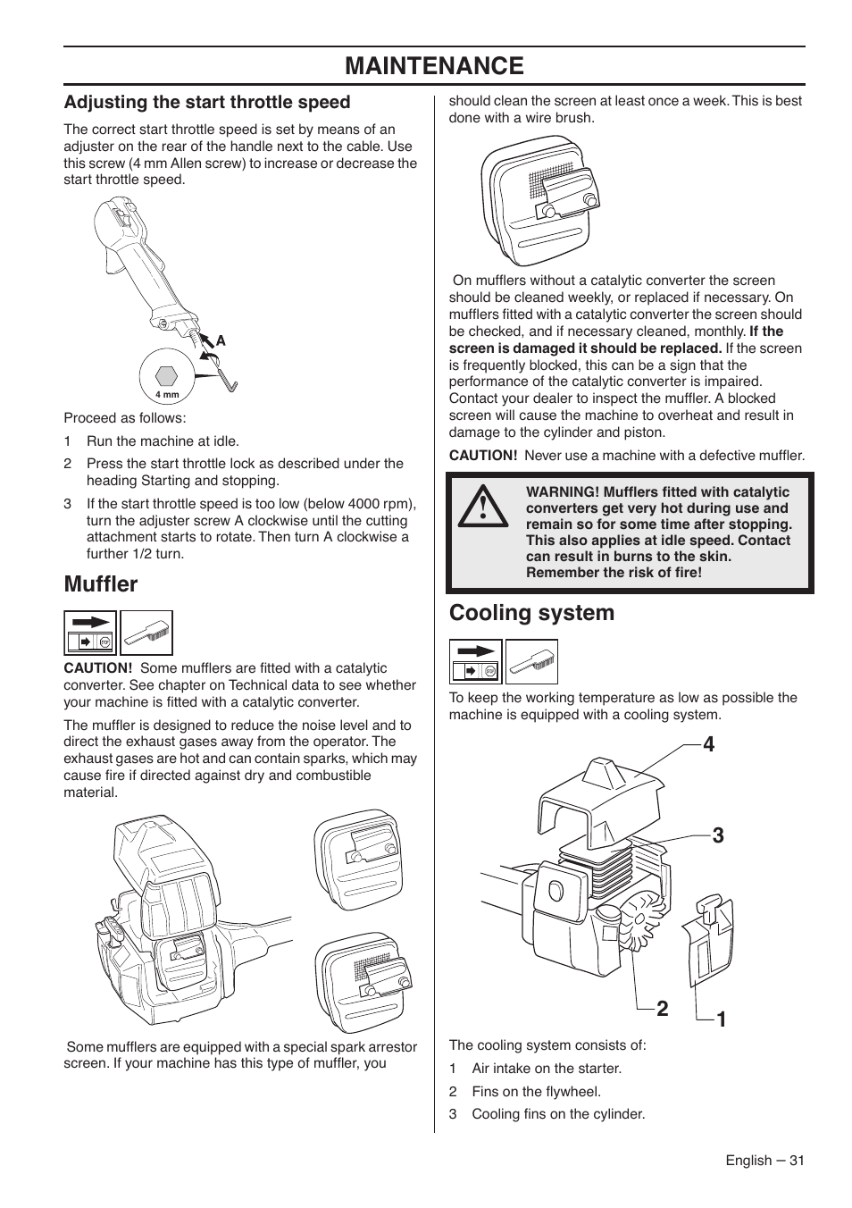 Adjusting the start throttle speed, Muffler, Cooling system | Maintenance, Mufﬂer | Husqvarna 235FR  EN User Manual | Page 31 / 52