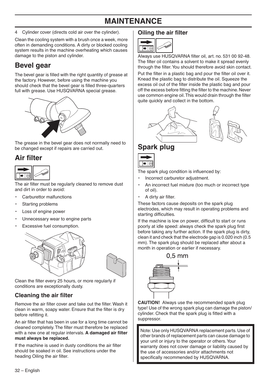 Bevel gear, Air filter, Cleaning the air filter | Oiling the air filter, Spark plug, Maintenance, Air ﬁlter, Cleaning the air ﬁlter, Oiling the air ﬁlter | Husqvarna 235FR  EN User Manual | Page 32 / 52