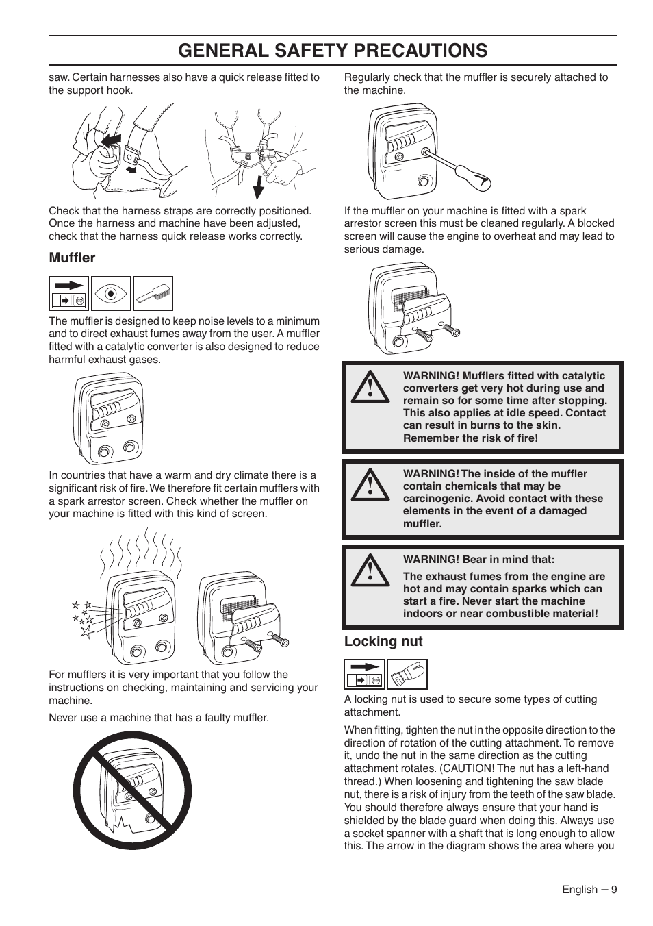 Muffler, Locking nut, General safety precautions | Husqvarna 235FR  EN User Manual | Page 9 / 52