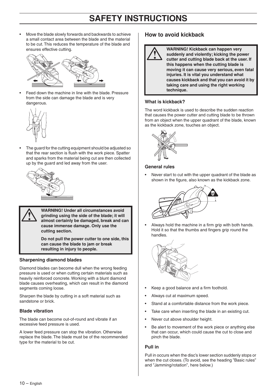 How to avoid kickback, Safety instructions | Husqvarna K750 User Manual | Page 10 / 24