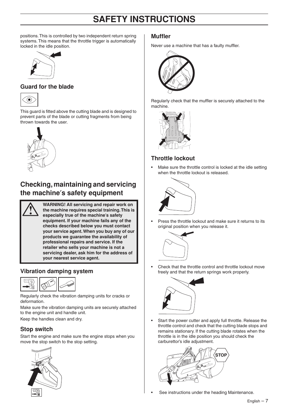 Guard for the blade, Vibration damping system, Stop switch | Muffler, Throttle lockout, Safety instr uctions | Husqvarna K750 User Manual | Page 7 / 24