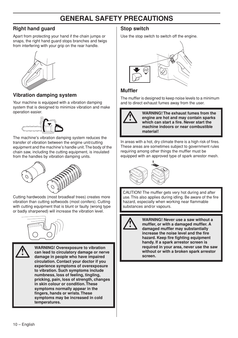 Right hand guard, Vibration damping system, Stop switch | Muffler, General safety precautions | Husqvarna 1153181-26 User Manual | Page 10 / 44