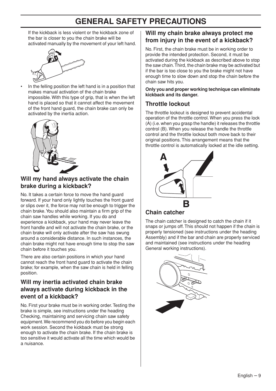 Throttle lockout, Chain catcher, General safety precautions | Husqvarna 1153181-26 User Manual | Page 9 / 44