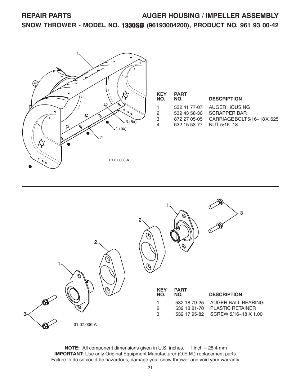Repair parts, Auger housing / impeller assembly, Repair parts auger housing / impeller assembly | Husqvarna 1330SB User Manual | Page 21 / 44