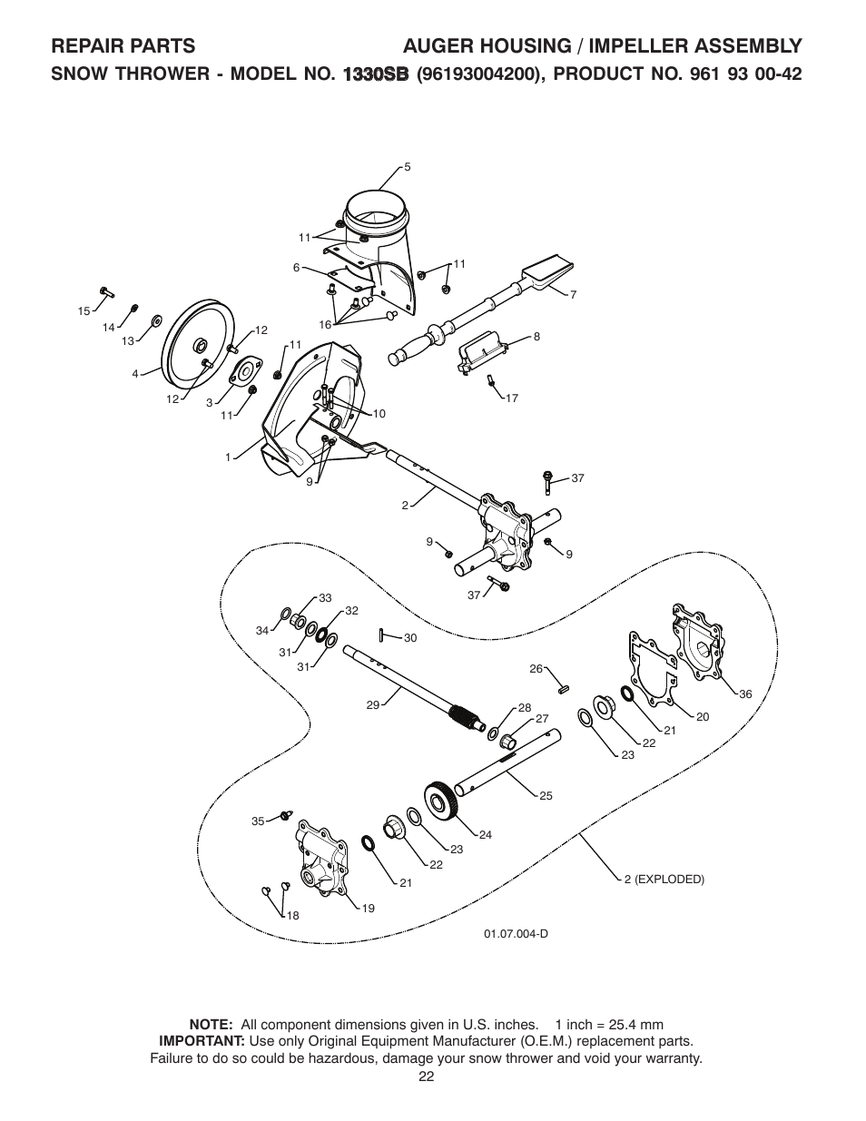 Repair parts auger housing / impeller assembly | Husqvarna 1330SB User Manual | Page 22 / 44