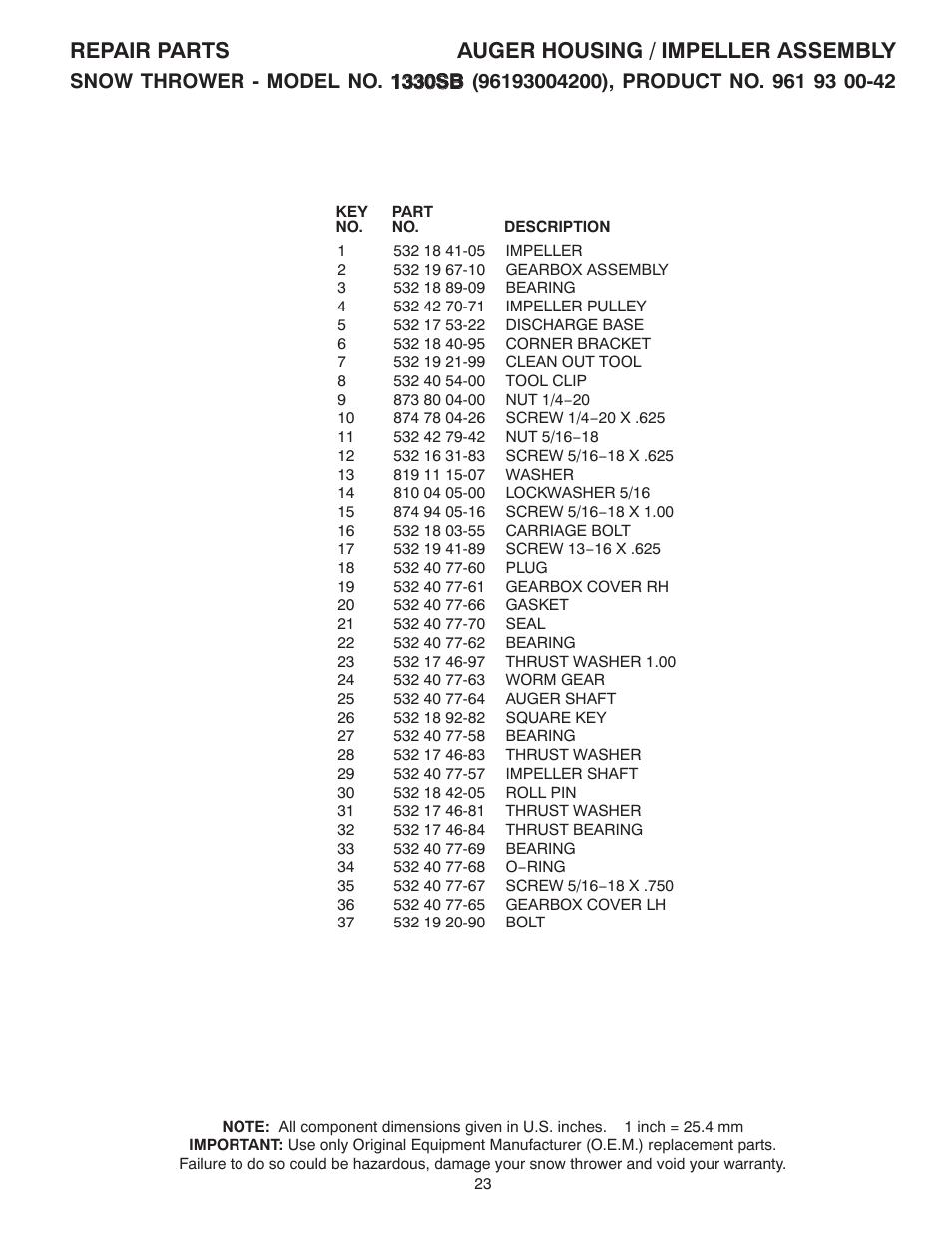 Repair parts auger housing / impeller assembly | Husqvarna 1330SB User Manual | Page 23 / 44