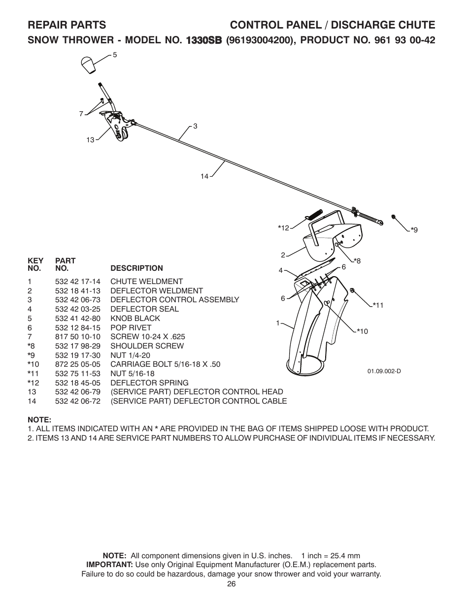 Control panel / discharge chute, Repair parts control panel / discharge chute | Husqvarna 1330SB User Manual | Page 26 / 44