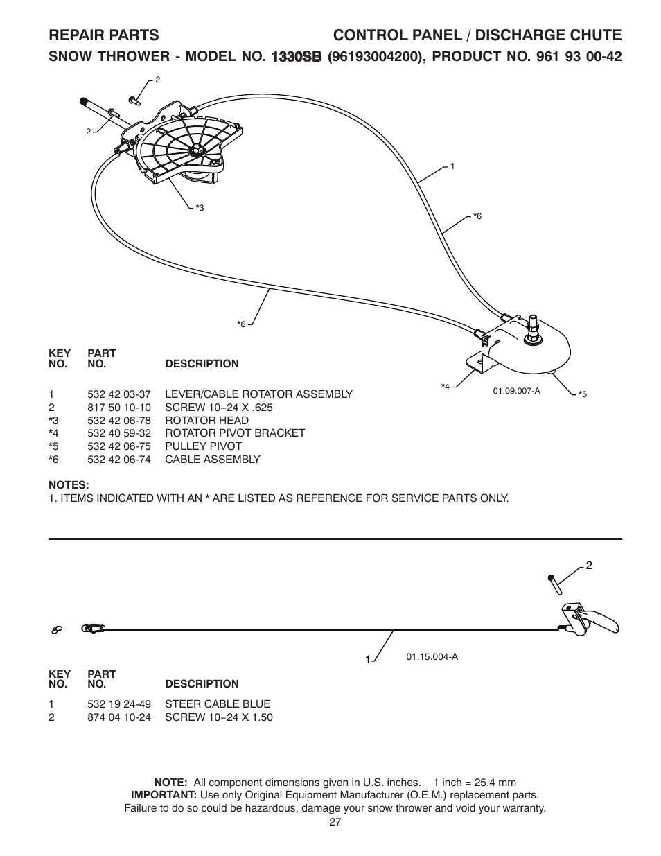Repair parts control panel / discharge chute | Husqvarna 1330SB User Manual | Page 27 / 44