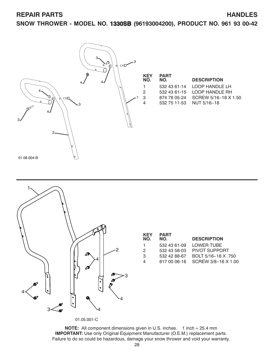 Handles, Repair parts handles | Husqvarna 1330SB User Manual | Page 28 / 44