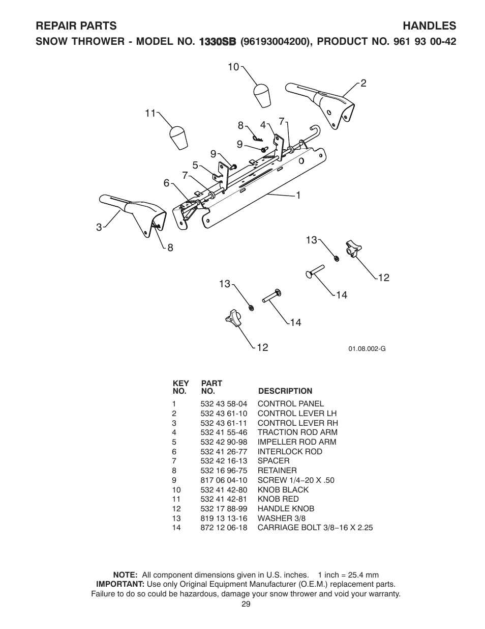 Repair parts handles | Husqvarna 1330SB User Manual | Page 29 / 44