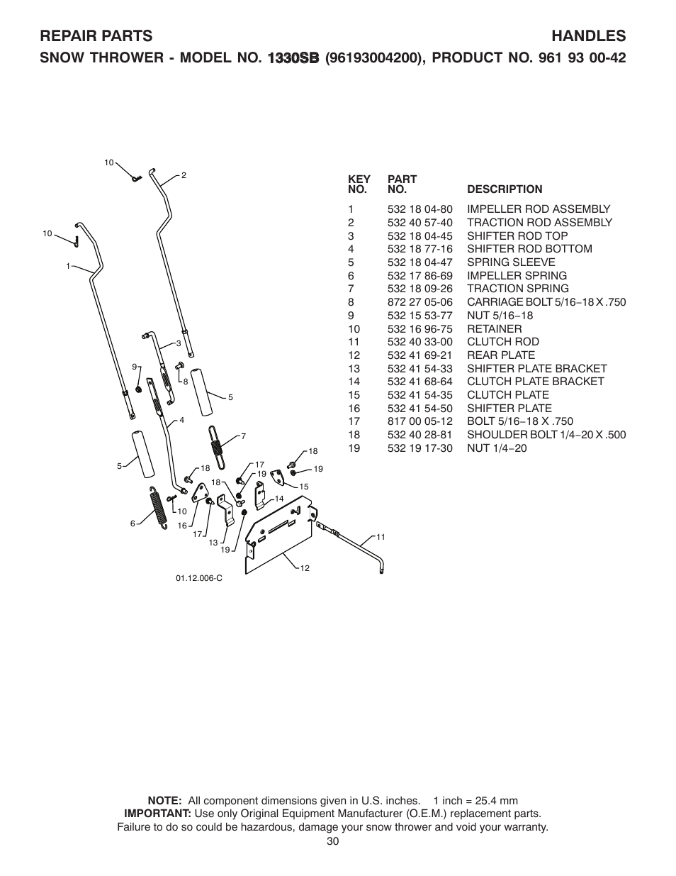 Repair parts handles | Husqvarna 1330SB User Manual | Page 30 / 44