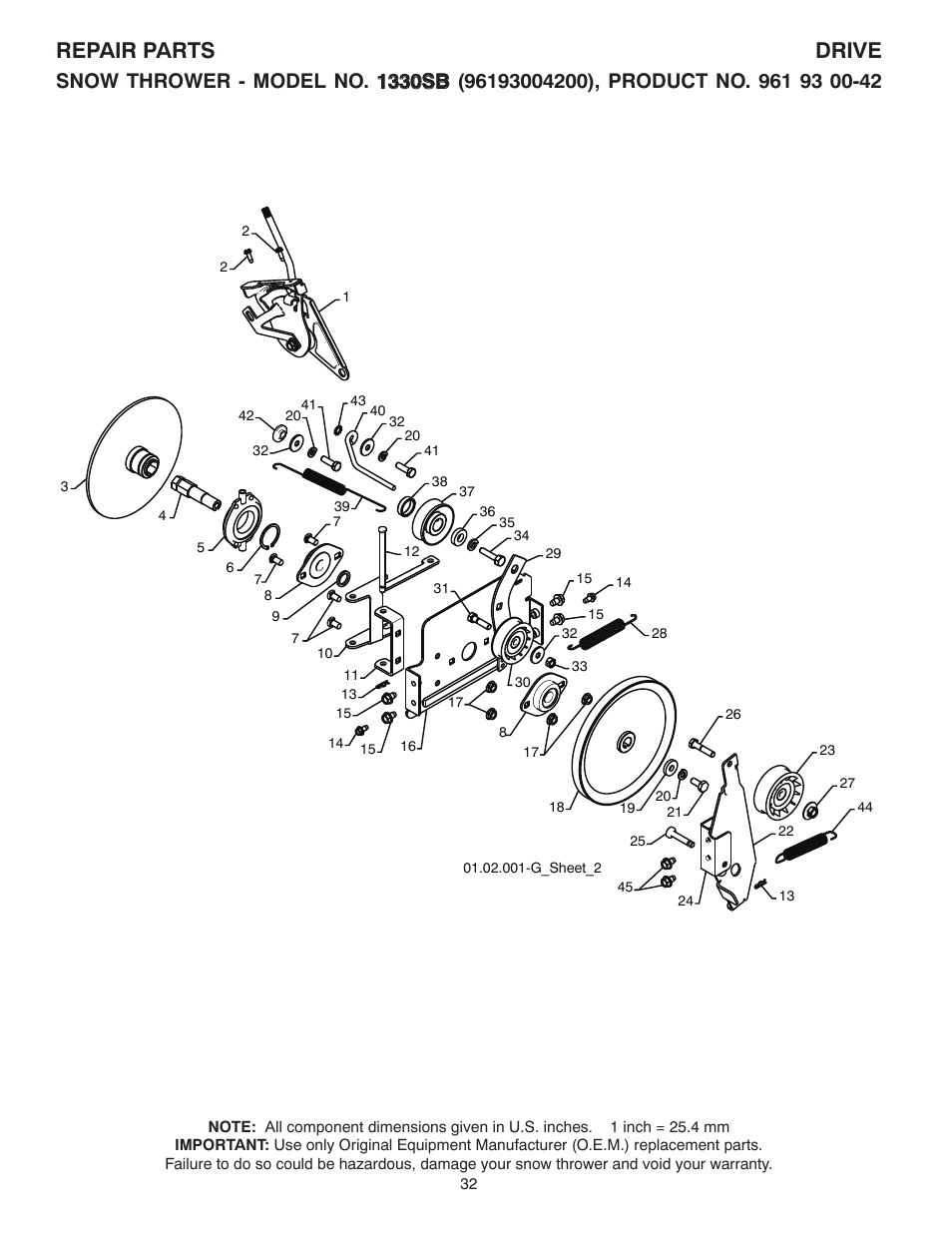 Repair parts drive | Husqvarna 1330SB User Manual | Page 32 / 44