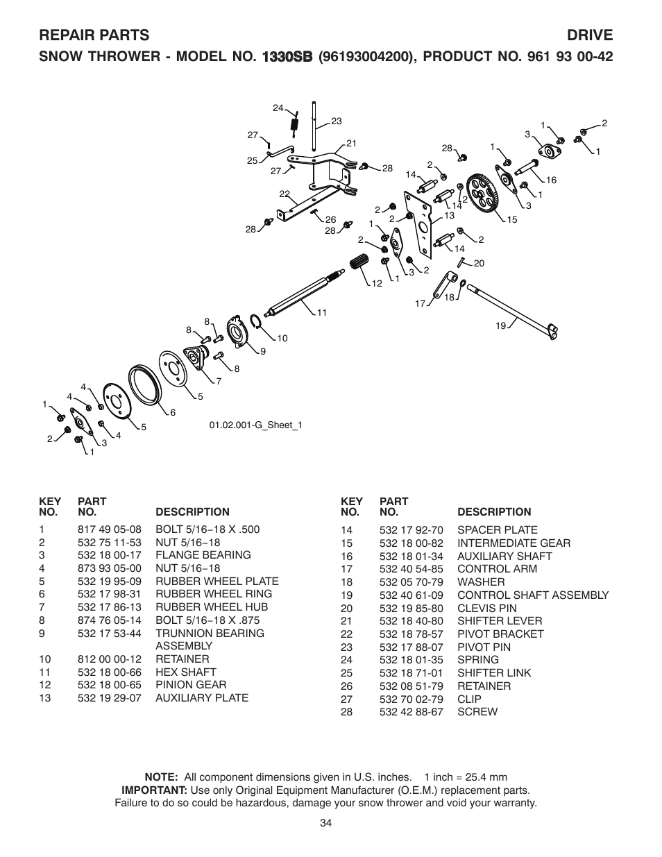 Repair parts drive | Husqvarna 1330SB User Manual | Page 34 / 44