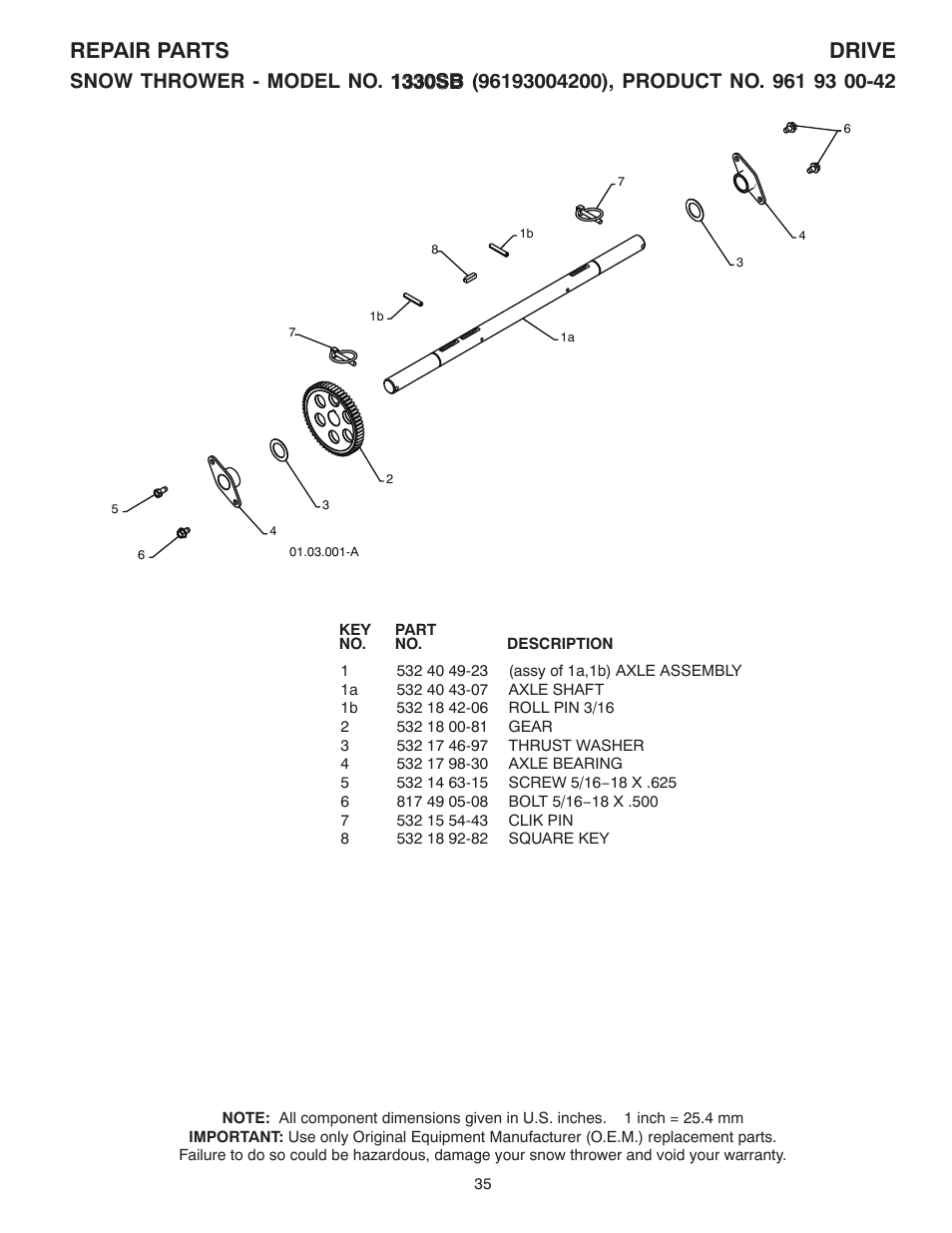 Repair parts drive | Husqvarna 1330SB User Manual | Page 35 / 44