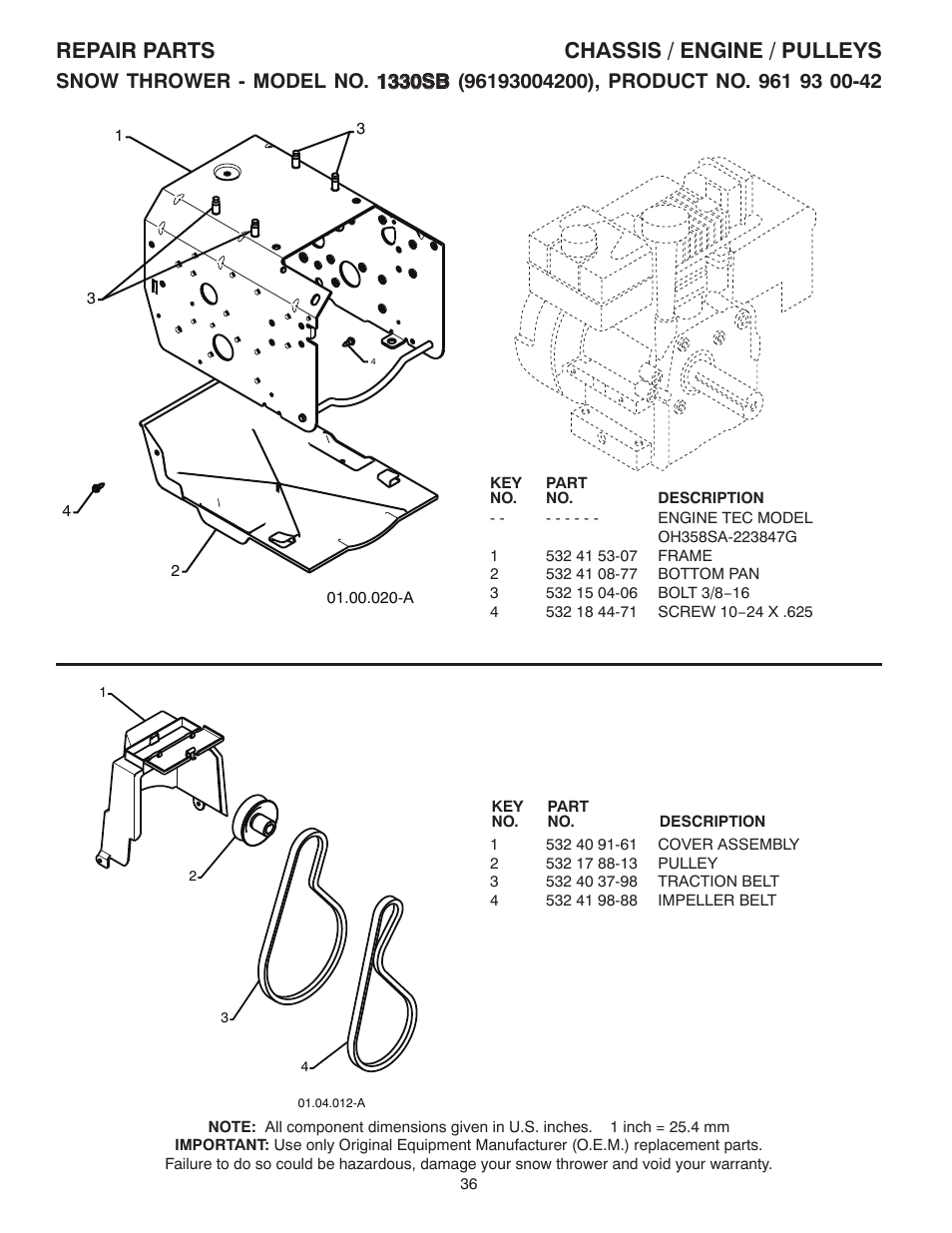 Chassis / engine / pulleys, Repair parts chassis / engine / pulleys | Husqvarna 1330SB User Manual | Page 36 / 44