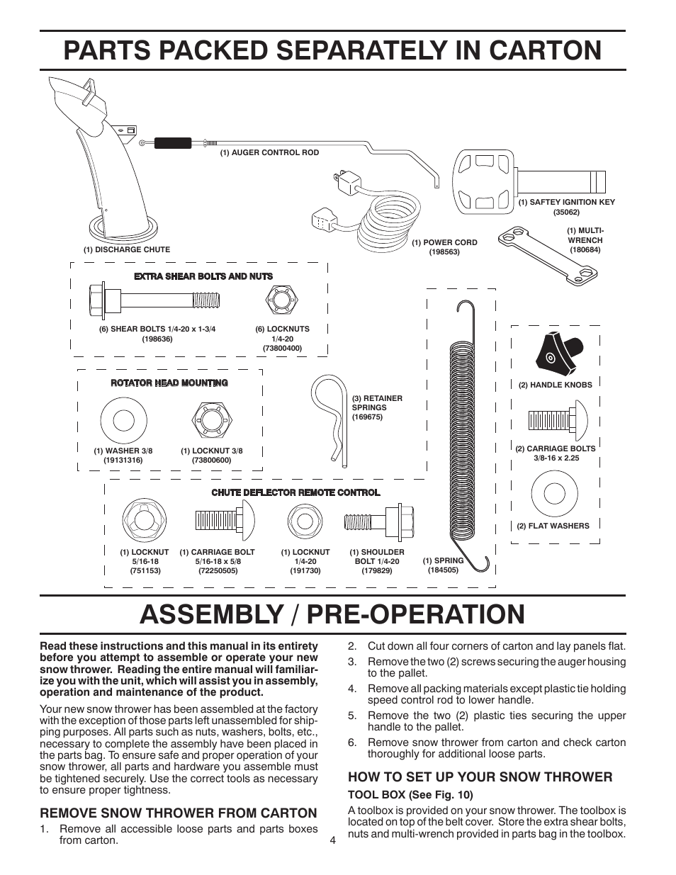 Assembly, Parts packed separately in carton, Assembly / pre-operation | Remove snow thrower from car ton, How to set up your snow thrower | Husqvarna 1330SB User Manual | Page 4 / 44