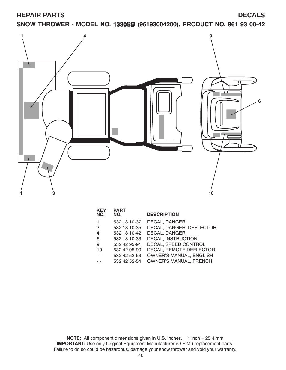 Decals, Repair parts decals | Husqvarna 1330SB User Manual | Page 40 / 44