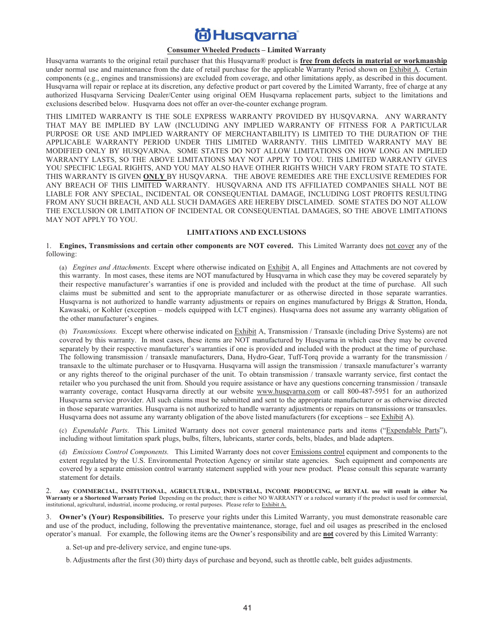 Limited warranty | Husqvarna 1330SB User Manual | Page 41 / 44