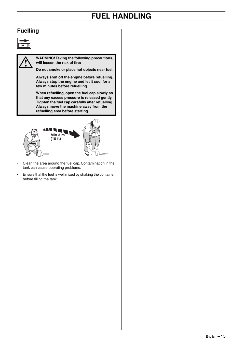 Fuelling, Fuel handling | Husqvarna 326LDX User Manual | Page 15 / 36