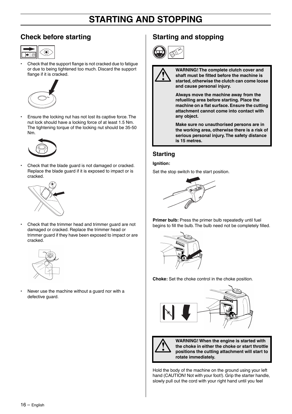 Check before starting, Starting and stopping, Starting | Husqvarna 326LDX User Manual | Page 16 / 36