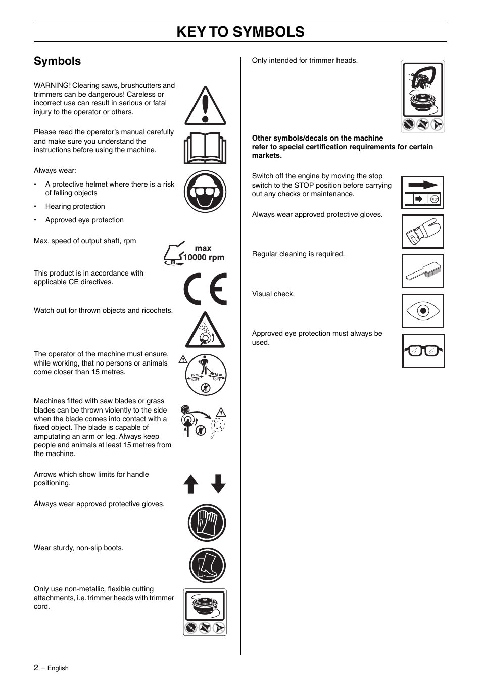 Symbols, Key to symbols | Husqvarna 326LDX User Manual | Page 2 / 36
