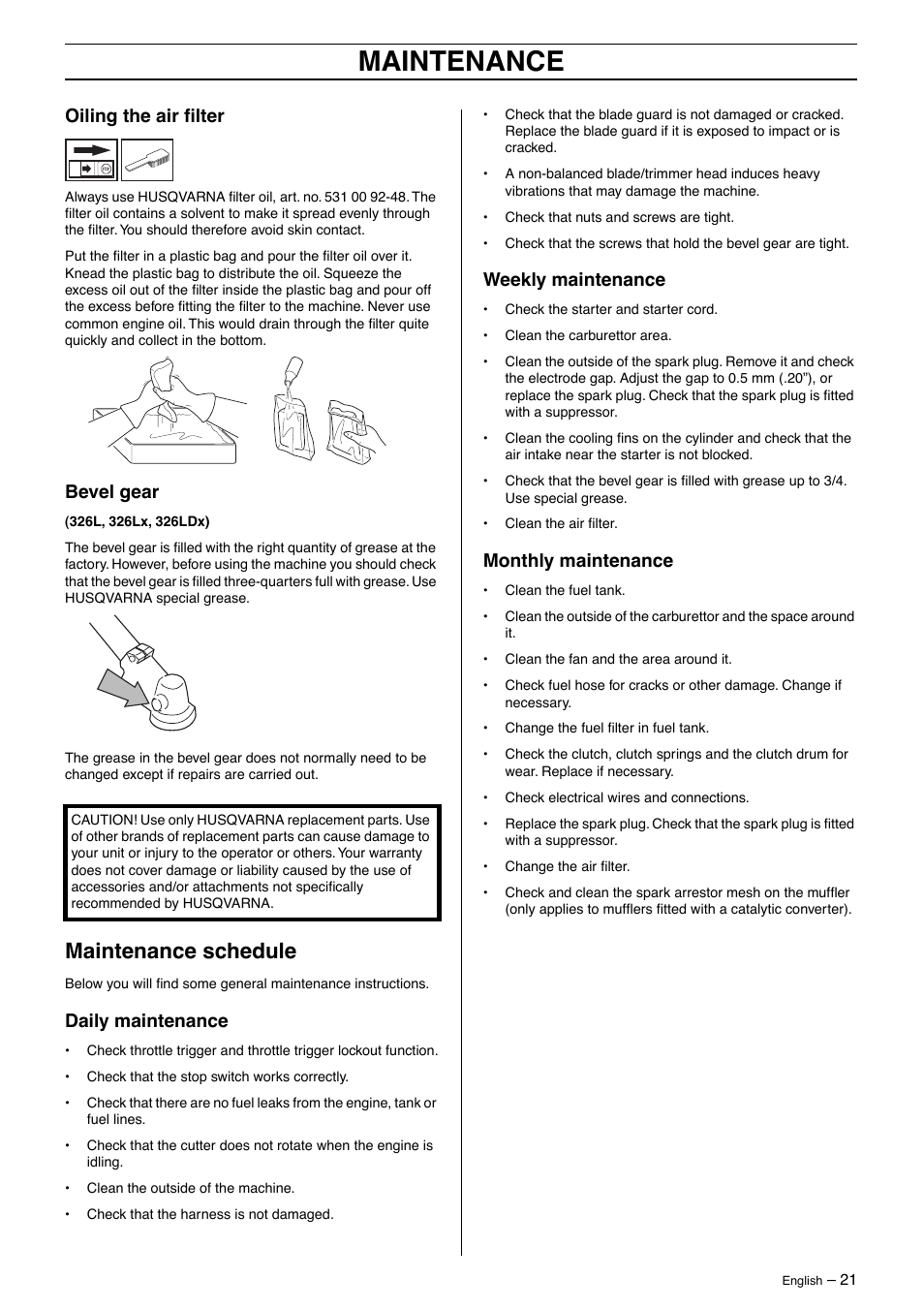 Oiling the air filter, Bevel gear, Maintenance schedule | Daily maintenance, Weekly maintenance, Monthly maintenance, Maintenance | Husqvarna 326LDX User Manual | Page 21 / 36