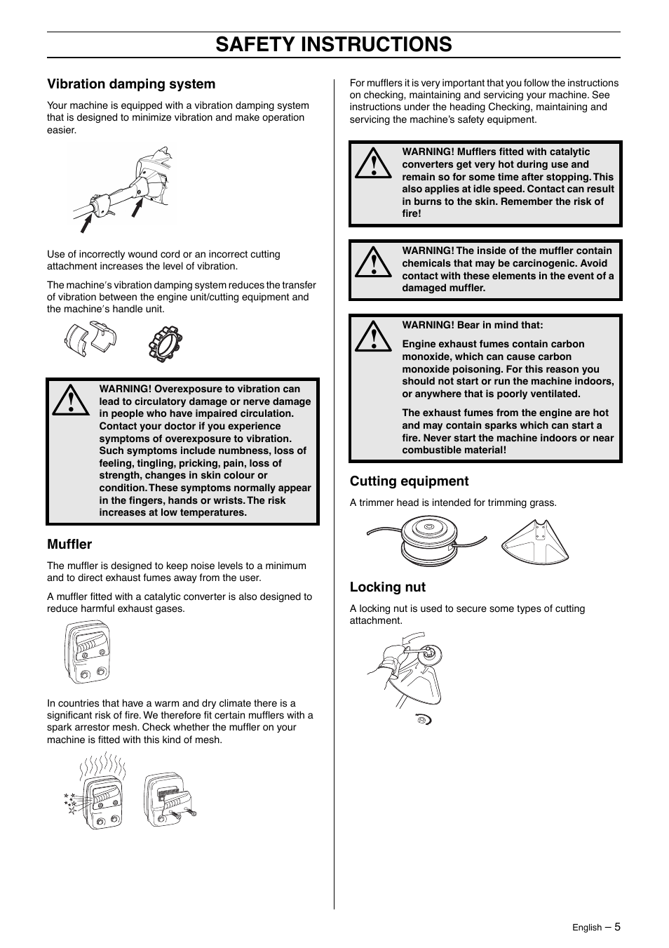 Vibration damping system, Muffler, Cutting equipment | Locking nut, Safety instructions | Husqvarna 326LDX User Manual | Page 5 / 36