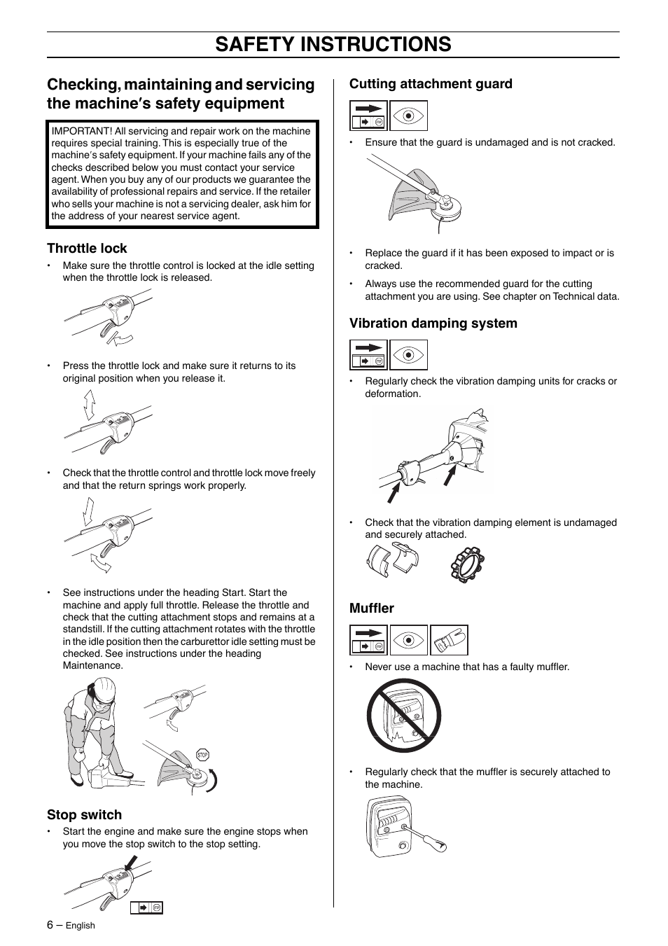 Throttle lock, Stop switch, Cutting attachment guard | Vibration damping system, Muffler, Safety instructions | Husqvarna 326LDX User Manual | Page 6 / 36