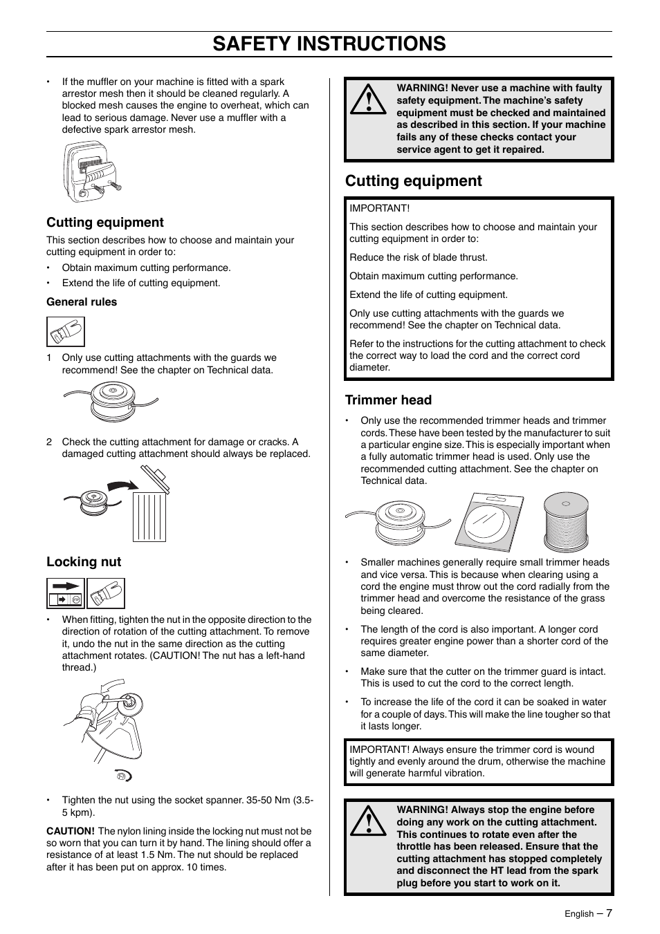 Cutting equipment, Locking nut, Trimmer head | Safety instructions | Husqvarna 326LDX User Manual | Page 7 / 36