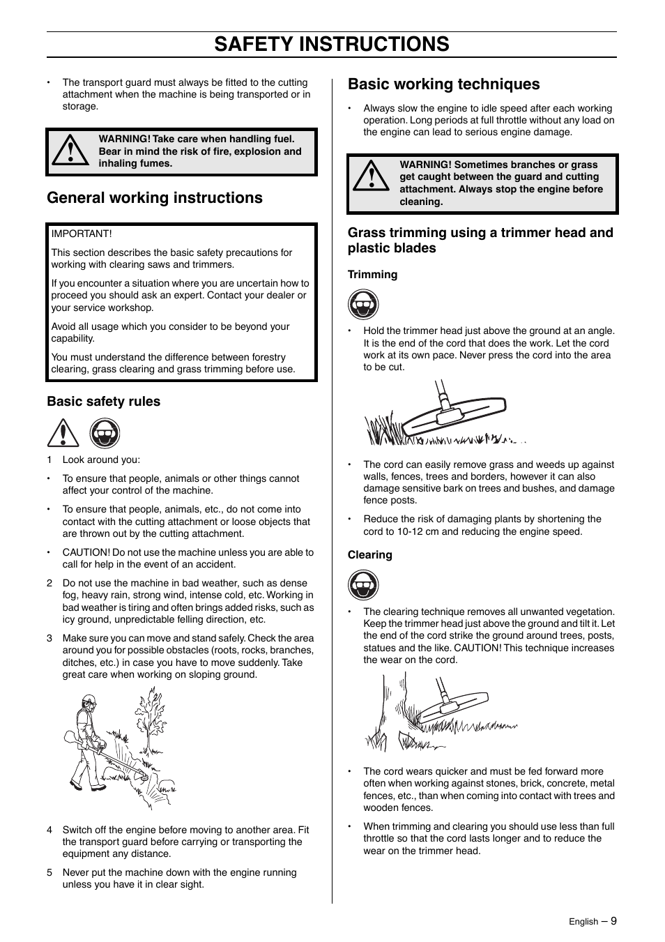General working instructions, Basic safety rules, Basic working techniques | Safety instructions | Husqvarna 326LDX User Manual | Page 9 / 36