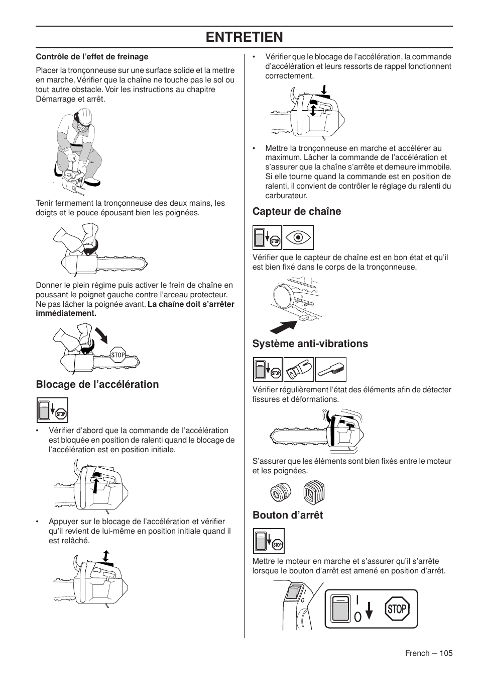 Entretien, Blocage de l’accélération, Capteur de chaîne | Système anti-vibrations, Bouton d’arrêt | Husqvarna T425 User Manual | Page 105 / 340