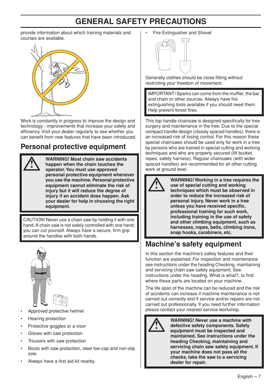 General safety precautions, Personal protective equipment, Machine ′′′′ s safety equipment | Husqvarna T425 User Manual | Page 7 / 340