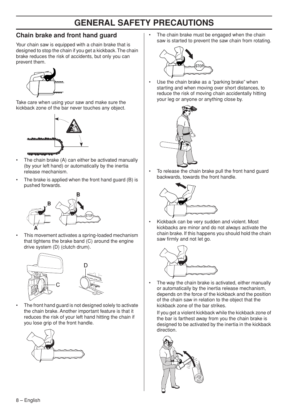General safety precautions, Chain brake and front hand guard | Husqvarna T425 User Manual | Page 8 / 340