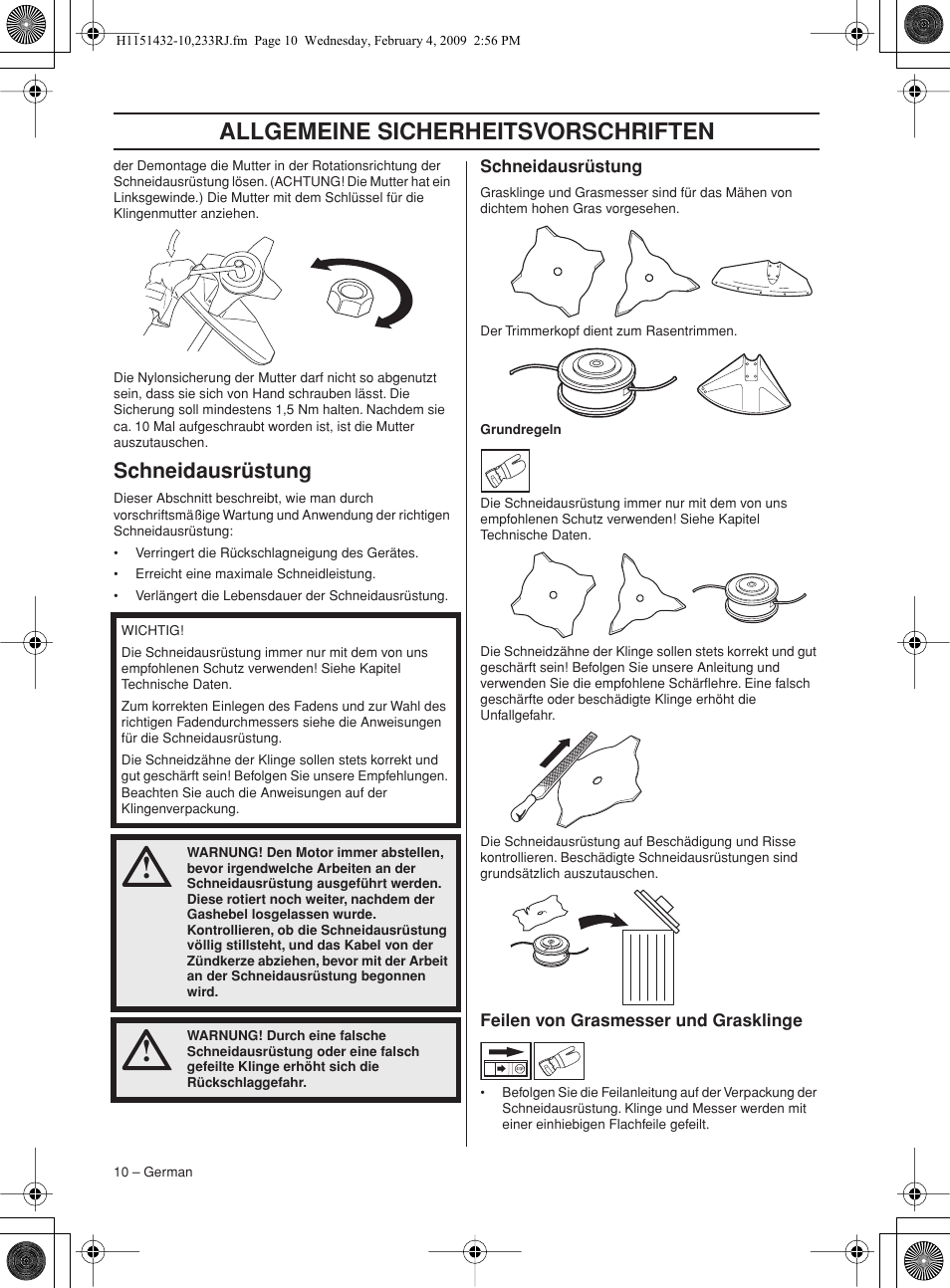 Schneidausrüstung, Feilen von grasmesser und grasklinge, Allgemeine sicherheitsvorschriften | Husqvarna 233RJ User Manual | Page 10 / 212