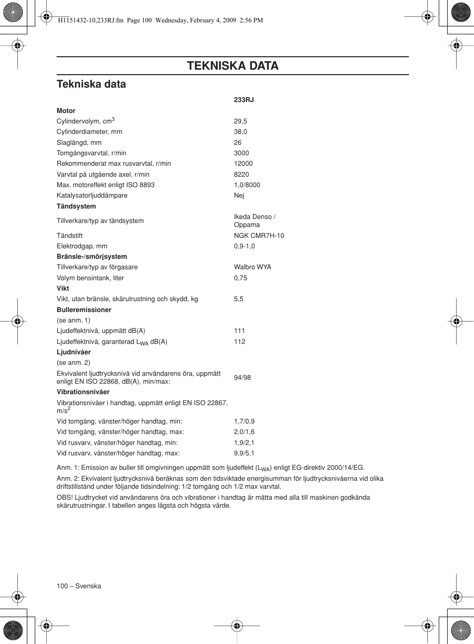 Tekniska data | Husqvarna 233RJ User Manual | Page 100 / 212