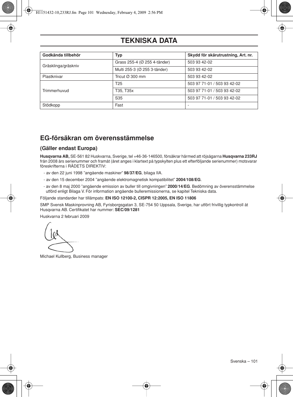 Eg-försäkran om överensstämmelse, Gäller endast europa), Tekniska data | Husqvarna 233RJ User Manual | Page 101 / 212