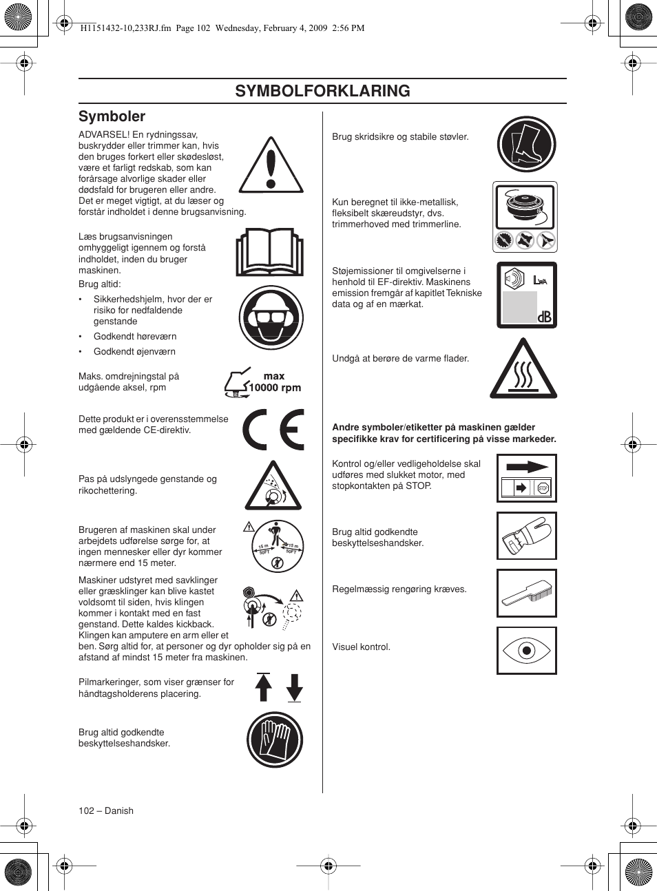 Symboler, Symbolforklaring | Husqvarna 233RJ User Manual | Page 102 / 212