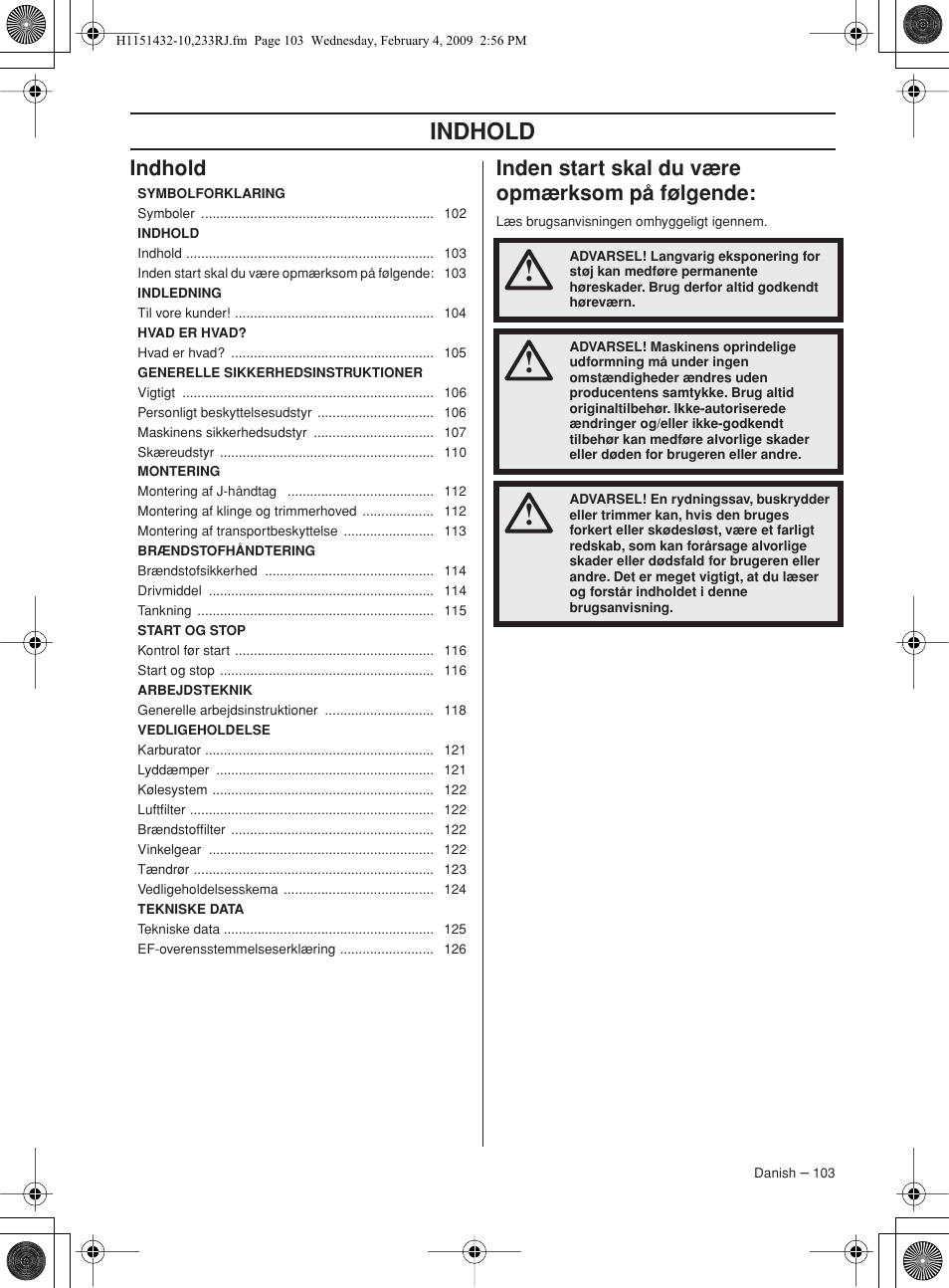 Indhold, Inden start skal du være opmærksom på følgende | Husqvarna 233RJ User Manual | Page 103 / 212