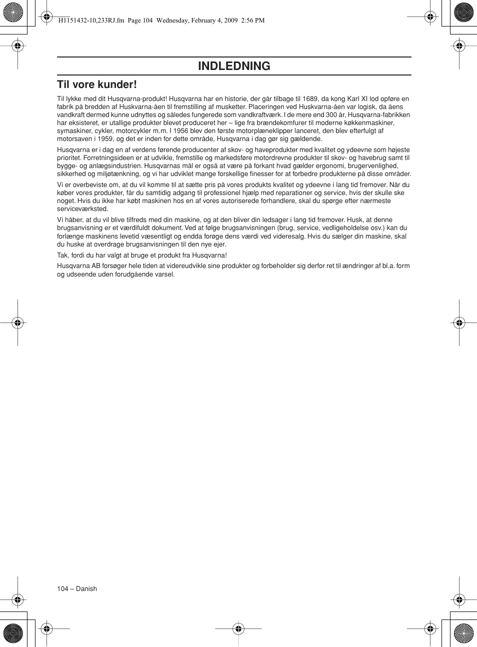 Til vore kunder, Indledning | Husqvarna 233RJ User Manual | Page 104 / 212