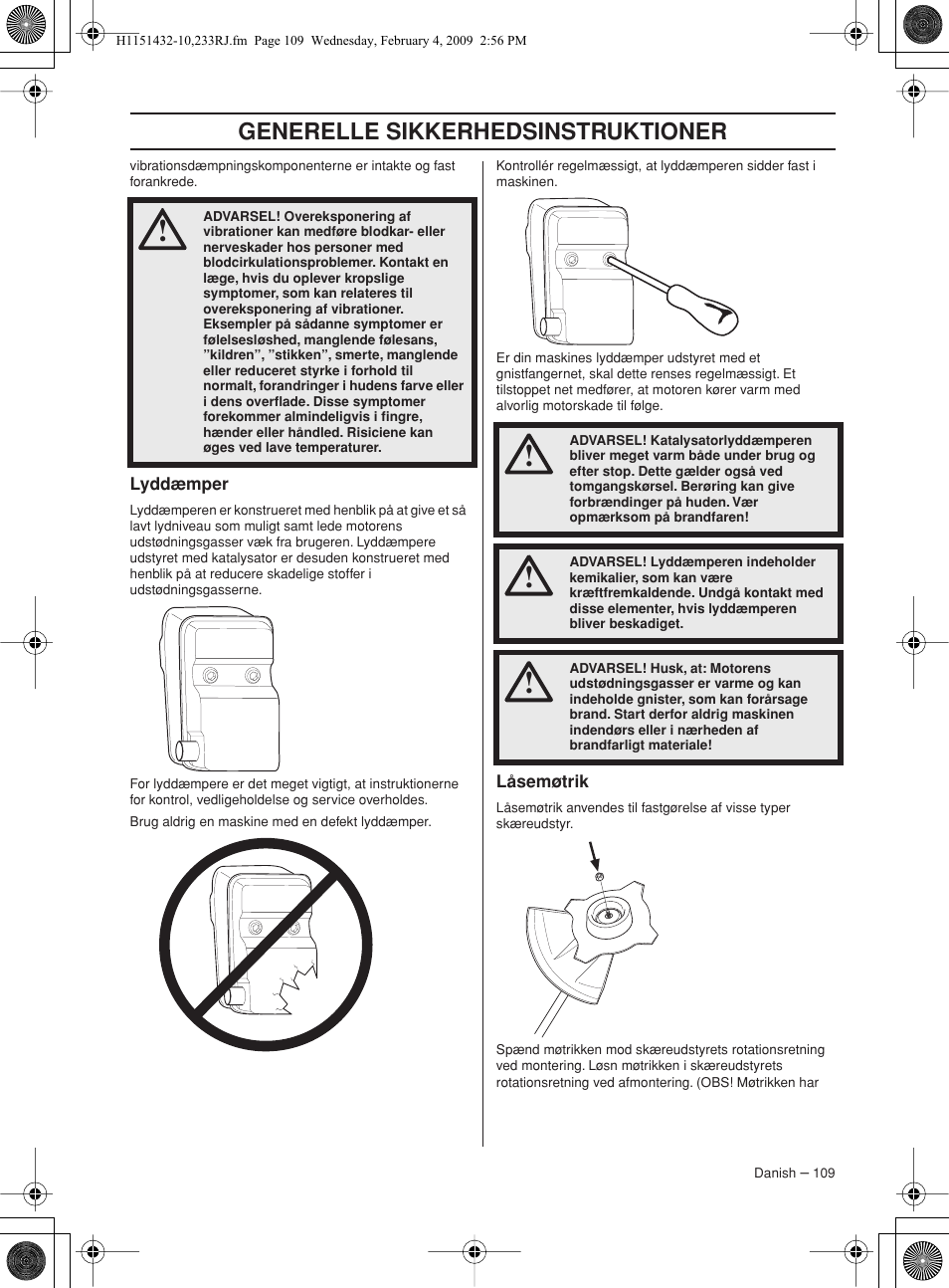 Lyddæmper, Låsemøtrik, Generelle sikkerhedsinstruktioner | Husqvarna 233RJ User Manual | Page 109 / 212
