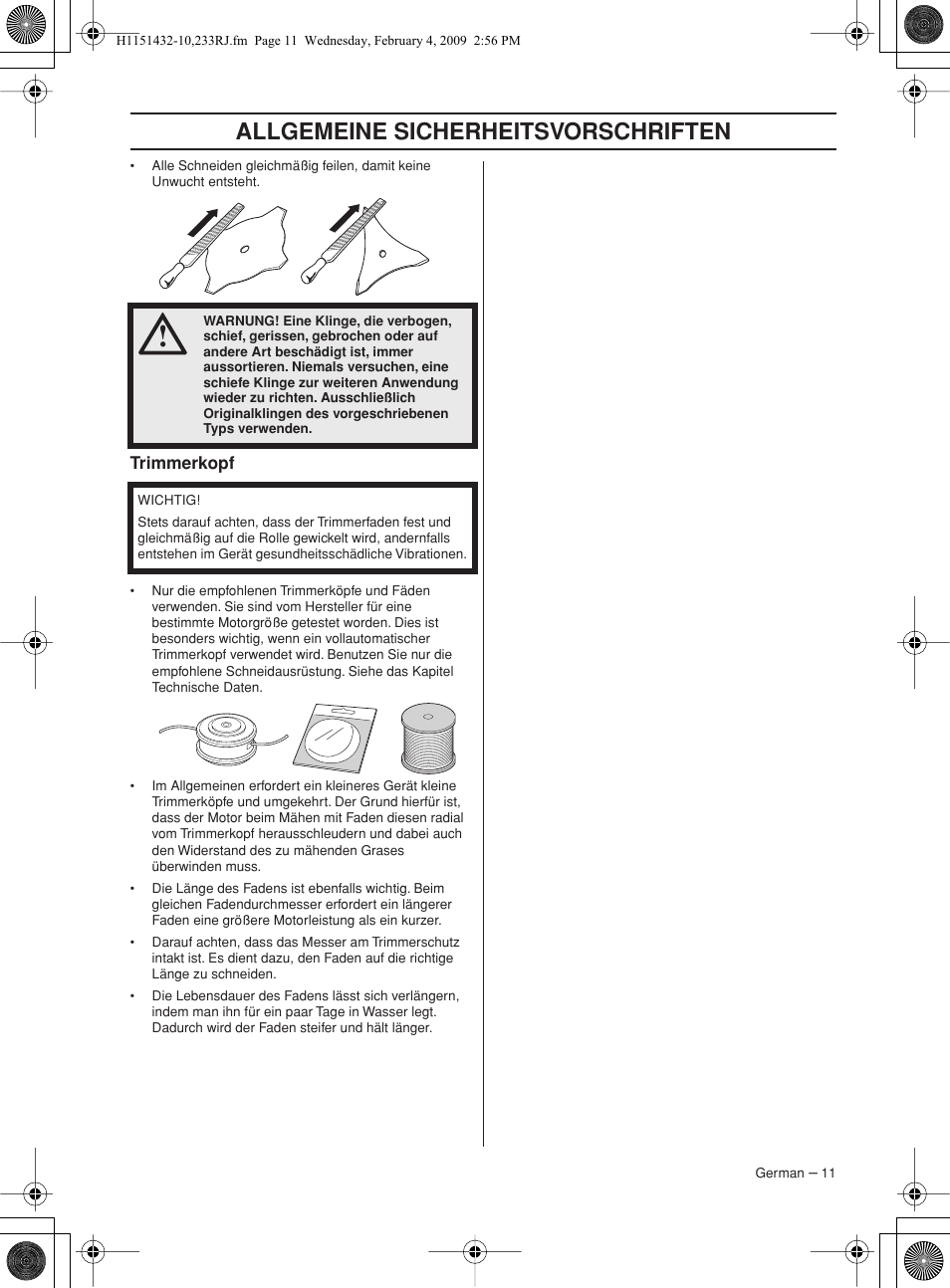 Trimmerkopf, Allgemeine sicherheitsvorschriften | Husqvarna 233RJ User Manual | Page 11 / 212