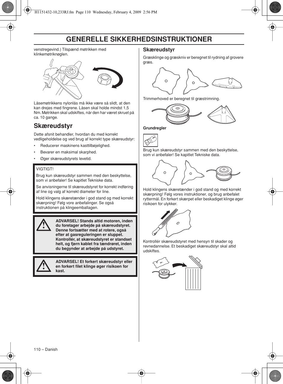 Skæreudstyr, Generelle sikkerhedsinstruktioner | Husqvarna 233RJ User Manual | Page 110 / 212