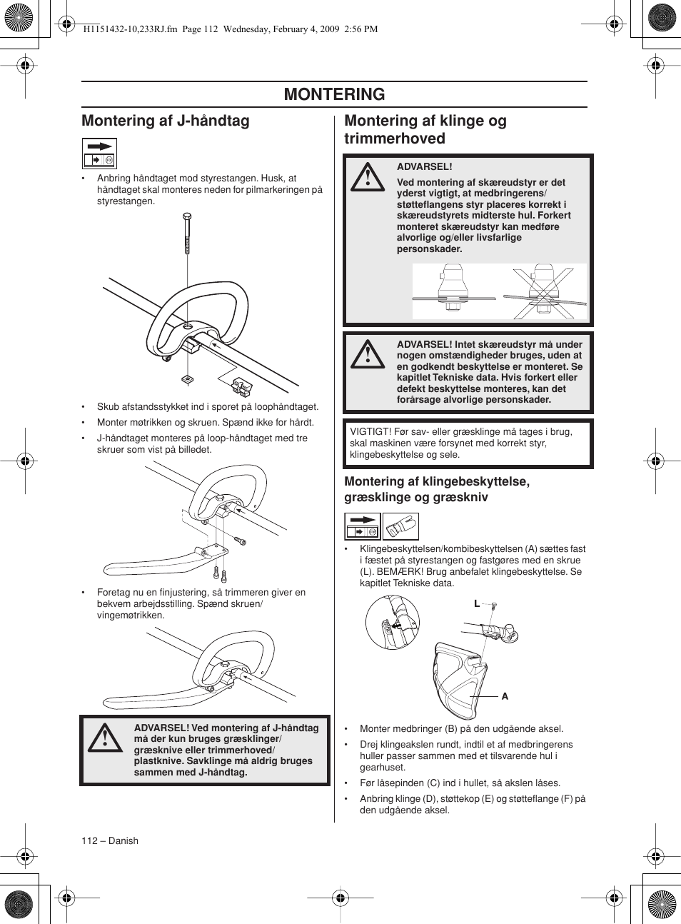 Montering af j-håndtag, Montering af klinge og trimmerhoved, Montering | Husqvarna 233RJ User Manual | Page 112 / 212