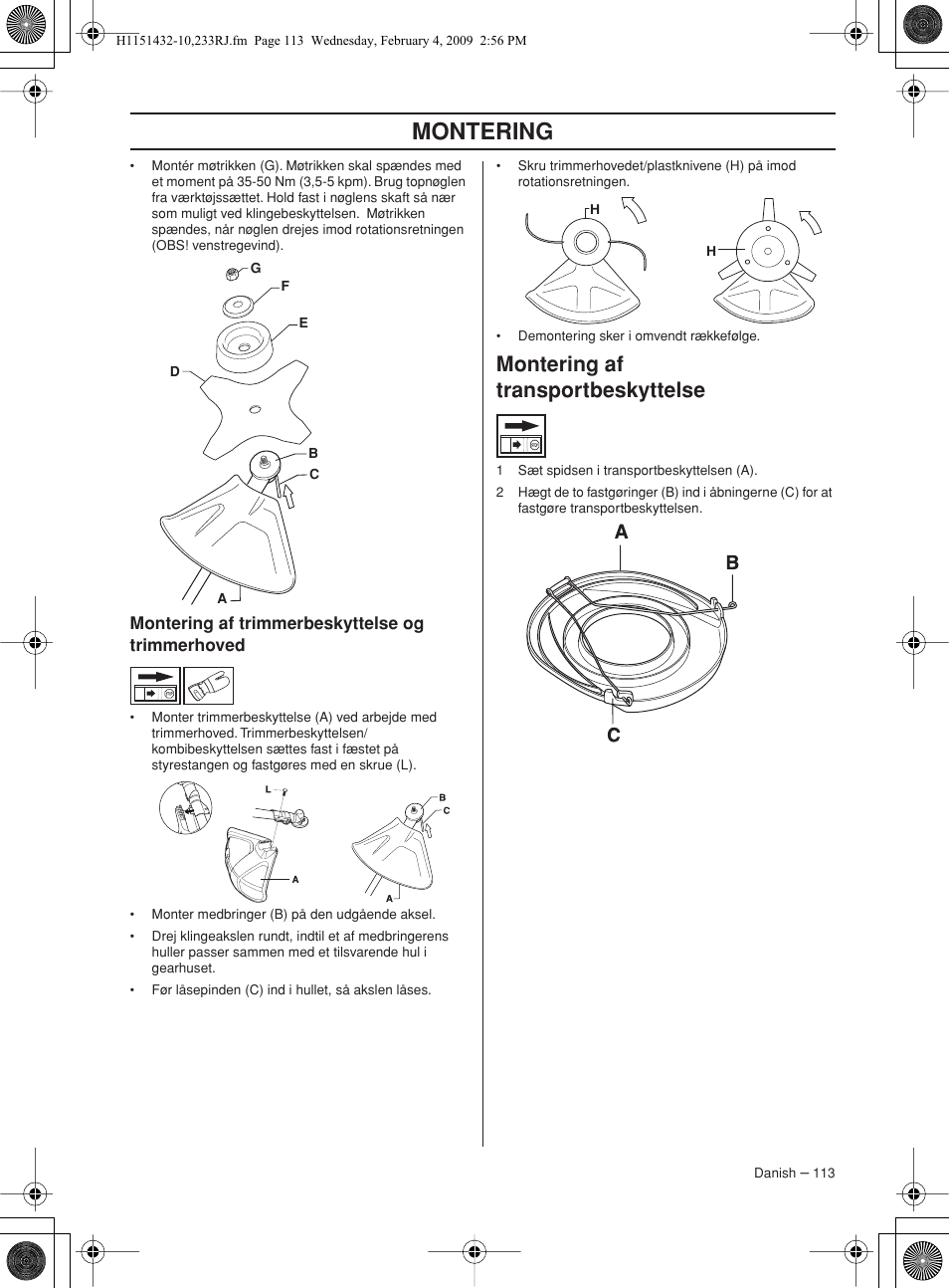 Montering af trimmerbeskyttelse og trimmerhoved, Montering af transportbeskyttelse, Montering | Husqvarna 233RJ User Manual | Page 113 / 212