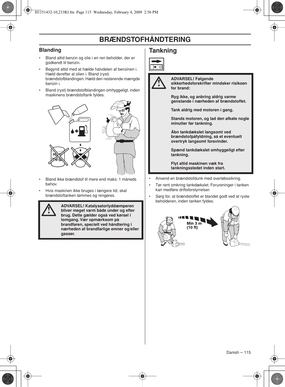 Blanding, Tankning, Brændstofhåndtering | Husqvarna 233RJ User Manual | Page 115 / 212