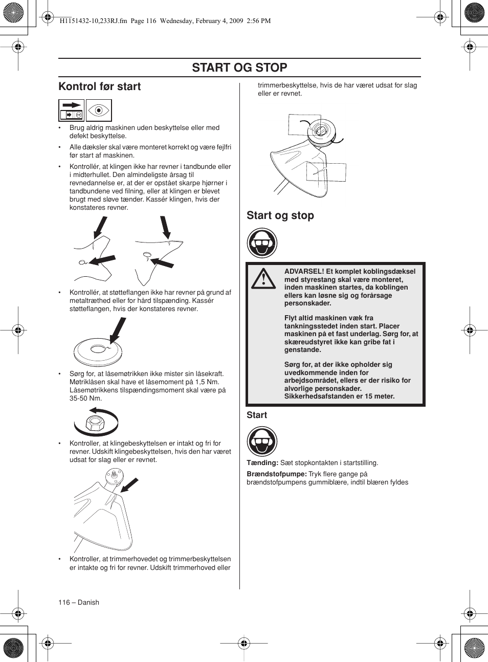Kontrol før start, Start og stop, Start | Husqvarna 233RJ User Manual | Page 116 / 212